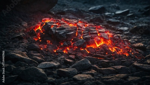 Glowing embers embedded in a bed of dark, textured rock.