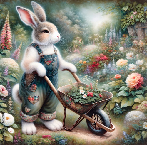 Cute white rabbit wearing bib overalls with a wheelbarrow in a summer garden