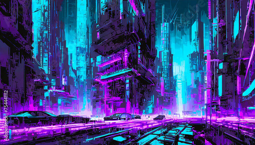 cidade futurista destruida com leds neon roxo e ciano