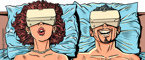 A man and a woman are lying in bed with VR devices. Alternative virtual reality and interaction with it. New technological objects as a problem of modern society.