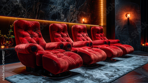 Plush red cinema chairs in a row, dark background,generative ai