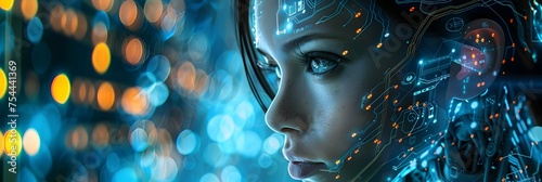 Cyber Womans Futuristic Face with Glowing Eyes and Cybertronic Tattoo, To convey a sense of futuristic technology, innovation, and visual arts in a