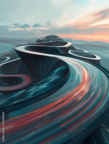 Futuristic Winding Road in Digital Art, To evoke a sense of innovation, exploration, and imagination in technology and transportation design