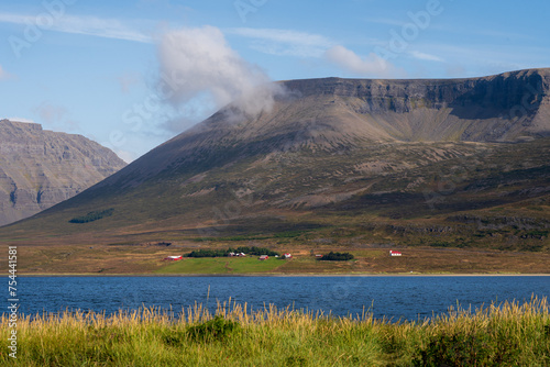 Scenic view of fjord and mountain, at Þingeyri (Thingeyri) in Westfjords, Iceland in summer