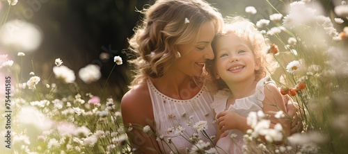 Happy Mother and Daughter in a Field of Flowers. Mothers Day Concept © JJAVA