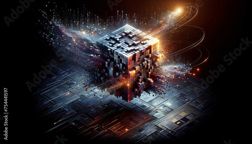FHD Transformation: Intricate pixel structure disintegrating into vivid colors against dark background.