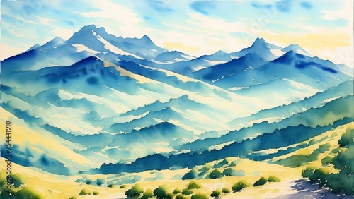 light watercolor of high mountains. Watercolor illustration, AI Generated