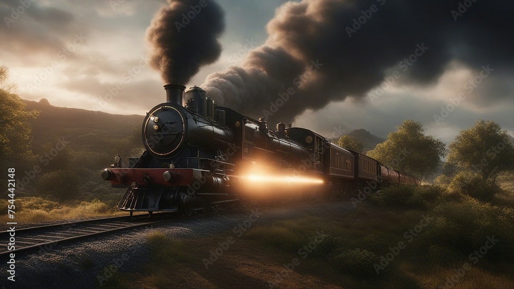 Obraz premium steam train in the forest steam train ride the lightning epic detailed detailed matte painting, deep color, fantastical, 