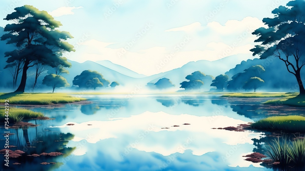 Mysterious fog over a quiet lake at dawn. An image of peace and mystery of nature. Watercolor illustration, AI Generated