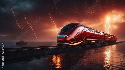 fast moving car Luxury train on the ocean in a lightning storm. Sci fi  fancy red gold detailed matte paint photo