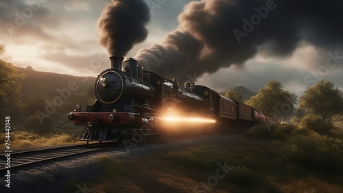 steam train in the forest steam train ride the lightning epic detailed detailed matte painting, deep color, fantastical, 