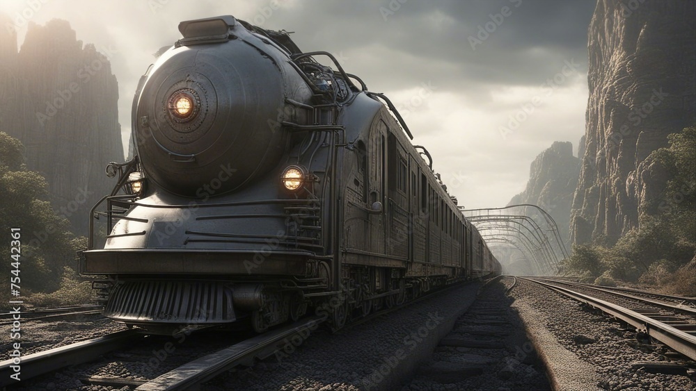 Fototapeta premium steam train in the countryside An apocalyptic train that escapes the doom of the world on a futuristic and alien railway. 