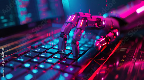 A close-up of a robot's hand typing on a futuristic keyboard, generating code for AI development, with copy space