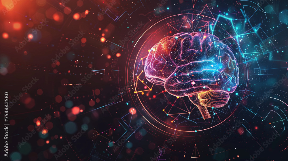 Fototapeta premium A digital brain with various mathematical and scientific symbols orbiting around it, portraying AI's vast knowledge base, with copy space