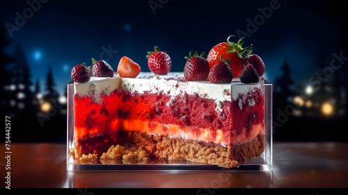 a slice of strawberry cake on a plate with red cherry sauce photo
