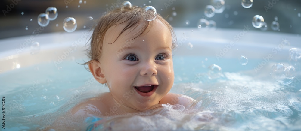 A baby is sitting in a bathtub filled with water bubbles, enjoying a soothing bath time experience. The bubbles create a playful atmosphere as the baby splashes around. A baby is sitting in a bathtub filled with water bubbles, enjoying a soothing bath time experience. The bubbles create a playful atmosphere as the baby splashes around.