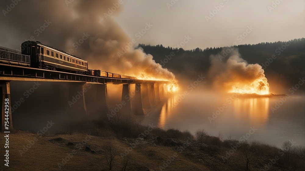 fire in the fog _ A burning train on fire, exploding, that crosses a ...