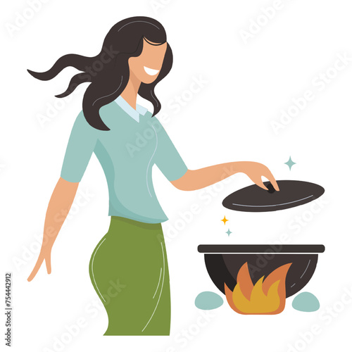 A woman cooking in the kitchen. Cook, A young girl takes off the lid of the pot to cook delicious food. Characters with a flat cartoon Image. An isolated illustration of culinary art in vector form.