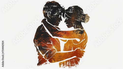 two people hugging as a stencil work, the hugh should be a hug of hearth, not romantic. the stencil should be out of three colors on a plane white background photo