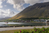 Scenic view of Ísafjörður town in Iceland. Fishing town Isafjordur is the biggest town of Westfjords