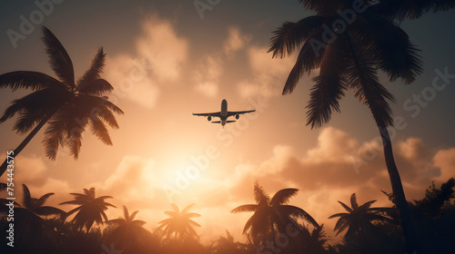 airplane flying over palm trees at sunset