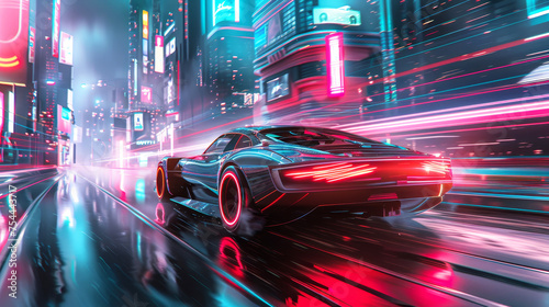 Sports car speeding through a futuristic neon-lit city. Digital art concept of future urban transportation and speed.  © Atthasit
