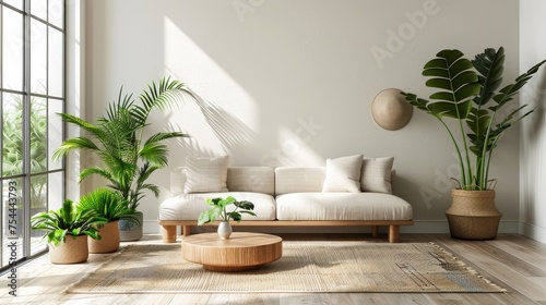 Modern minimalist living room interior with indoor plants and natural light. Contemporary home decor with neutral tones and a touch of greenery for a tranquil, eco-friendly atmosphere.