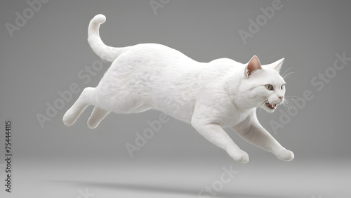 white cat model jumping on a grey background photo