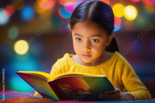 One brunette girl kid is passionately reading colorful book.