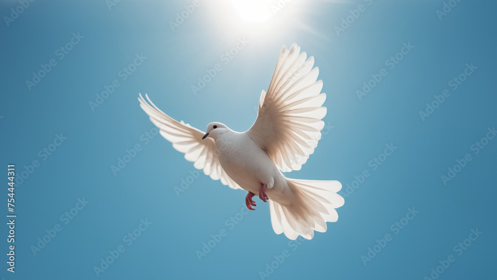 Fototapeta premium a white peace pigeon flying in a bright blue sky whitout clouds