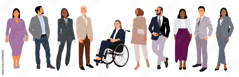Multinational business team. Diverse cartoon men, women of various ethnicities, ages, body type in formal office outfits. Inclusive business concept vector illustration on transparent background.