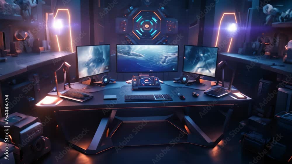 3D rendering of a futuristic space station with many monitors and screens, 3d rendering of a computer room with a set of gaming equipment, AI Generated 3D rendering of a futuristic space station with many monitors and screens, 3d rendering of a computer room with a set of gaming equipment, AI Generated