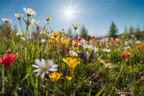 The Splendor of Spring Unveiled: A Sunny Meadow Bursting with Blooming Daisies and Wildflowers, Creating a Tapestry of Colors Against a Serene Sky