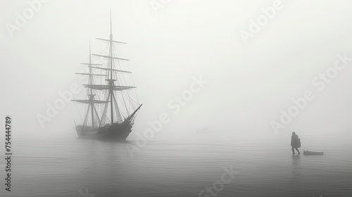 A sailboat in the fog, with its mast reaching into the sky