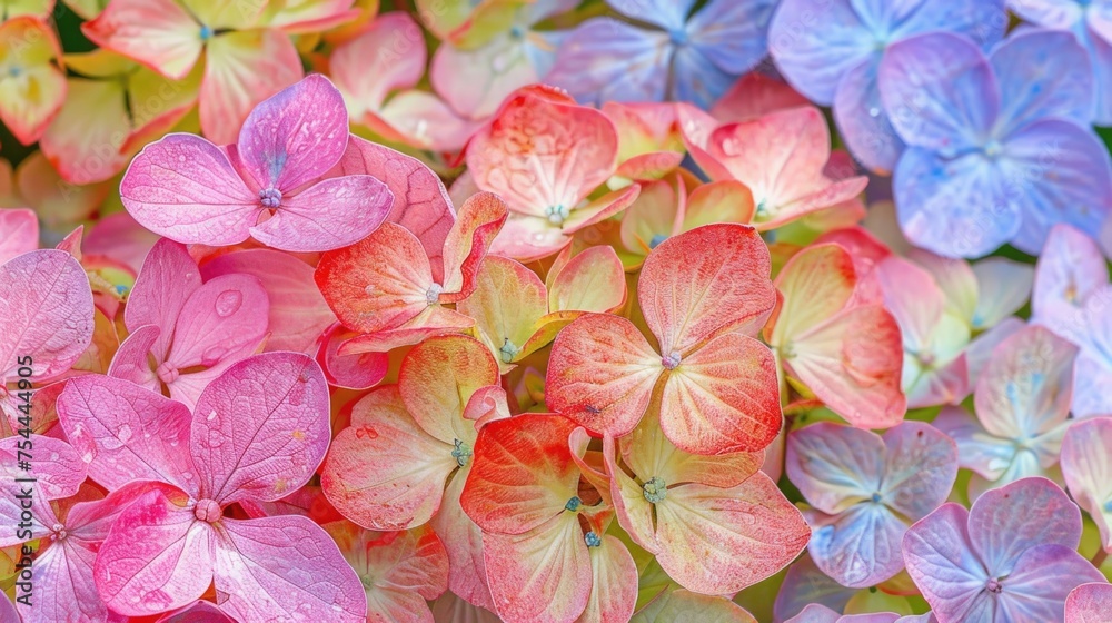 Beautiful colorful rainbow hydrangea flowers as background, top view