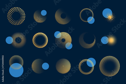 Halftone dotted circles. Gold pattern. Round dots texture. Luxury abstract logo. Graphic geometric line shapes. Golden ring emblem. Yellow and blue paint spraying. Vector garish radiate elements set