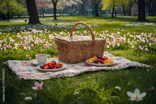 Embracing Spring: A Peaceful Picnic Scene with Nature’s Awakening, Blossoms, Greenery, and a Basket Full of Juicy Fruits, generative AI