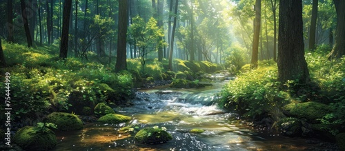 A painting depicting a meandering stream flowing through a dense and vibrant green forest, showcasing the beauty of nature.