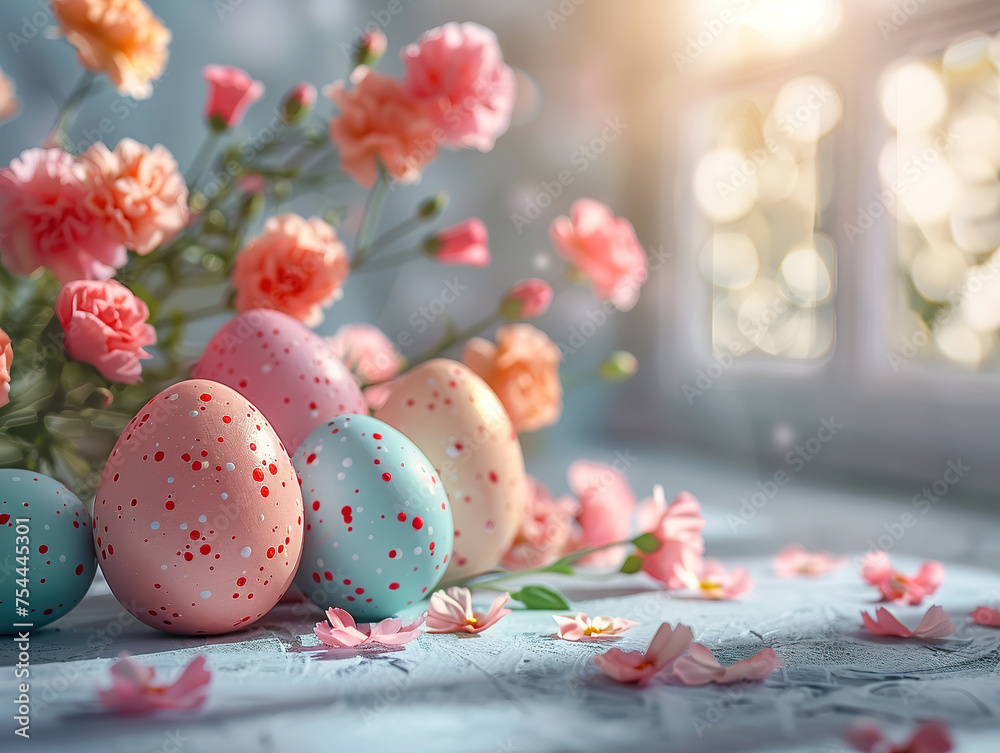 easter eggs and daisies in the grass. Empty space for product presentaton, Colorful Easter eggs, carnations in the background, sunlight, hyperrealism