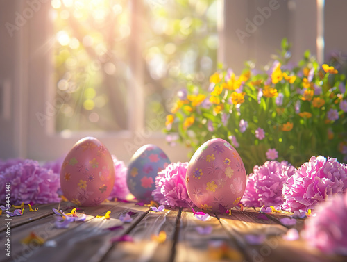 easter eggs and daisies in the grass. Empty space for product presentaton, Colorful Easter eggs, carnations in the background, sunlight, hyperrealism photo