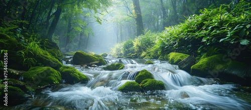 A stream of water flows through a dense, vibrant green forest, surrounded by tall trees, moss-covered rocks, and lush undergrowth.
