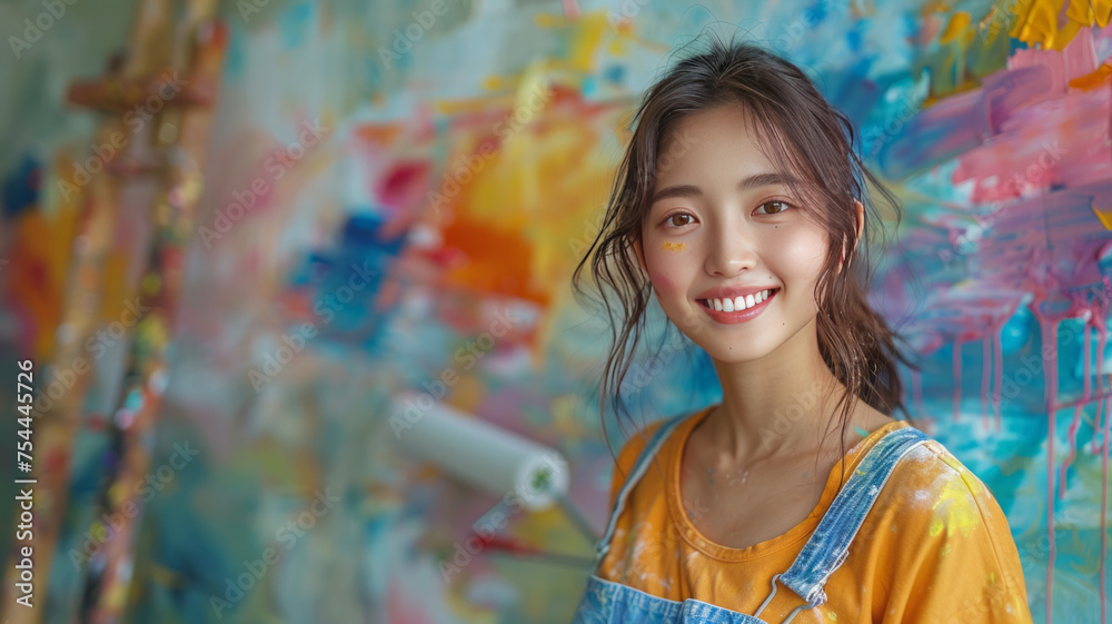 Fototapeta premium A smiling woman painting the wall of her house with a roller brush. Asian woman changing the wall color of her house to white home interior,generative ai