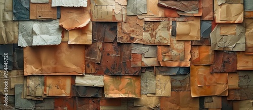 Detailed shot of a cardboard art piece hanging on a brown wall, showcasing intricate designs and textures created purely from cardboard material.
