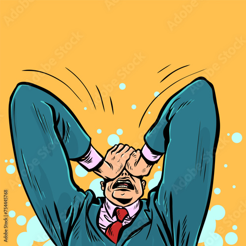 The man in the suit grabbed his head. The boss is unhappy with the incredible losses in the company. Tense business situation with a difficult decision.