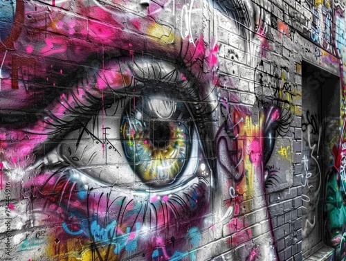A colorful eye is painted on a brick wall