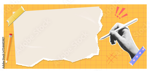 Set of vector torn papers with collage elements. blank form for announcement or information