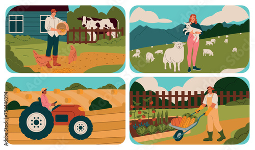 Farm people, man and woman farmer agriculture field. Animal worker, countryside farmland village harvest landscape with cow and sheep. Crop plantation ranch. Vector cartoon flat garden illustration