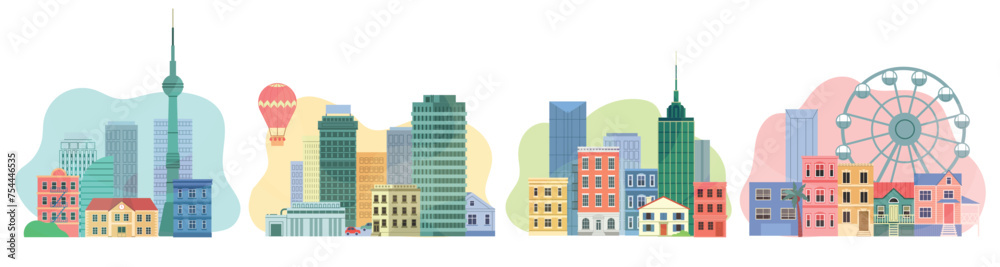 City building, flat cityscape. House and skyscrapers, town view, different metropolis, estate exterior, modern street, minimal landscape, street neighborhood scenery. Vector town isolated illustration