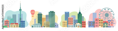 City building  flat cityscape. House and skyscrapers  town view  different metropolis  estate exterior  modern street  minimal landscape  street neighborhood scenery. Vector town isolated illustration