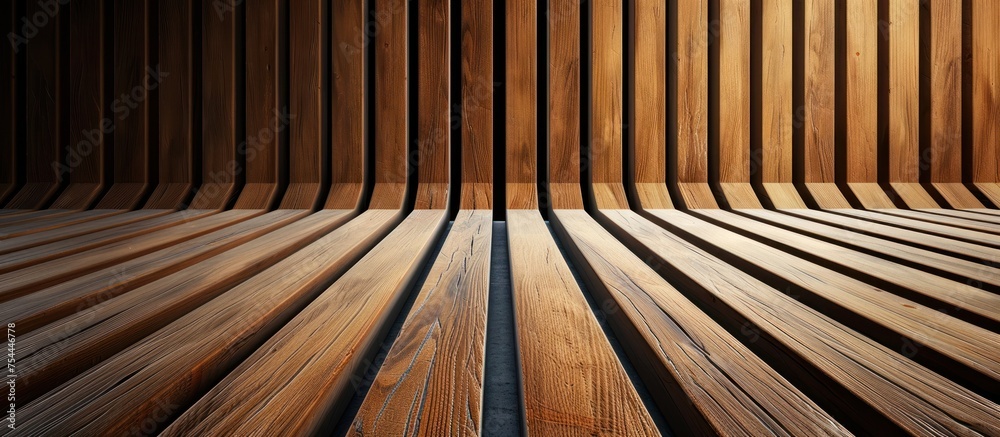 Detailed view of a contemporary wooden floor featuring vertical slats creating a sleek and stylish pattern. - obrazy, fototapety, plakaty 